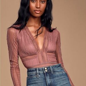 Lulu’s Casita Mauve Pink Sheer Lace Long Sleeve Bodysuit